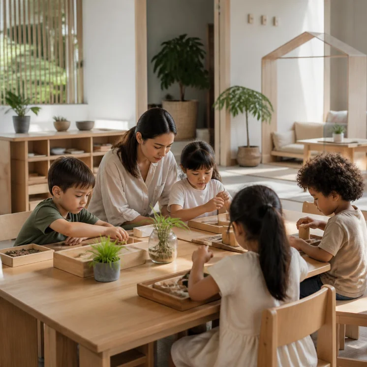 A teacher and four young children working with wooden learning materials at a low table in a bright classroom.