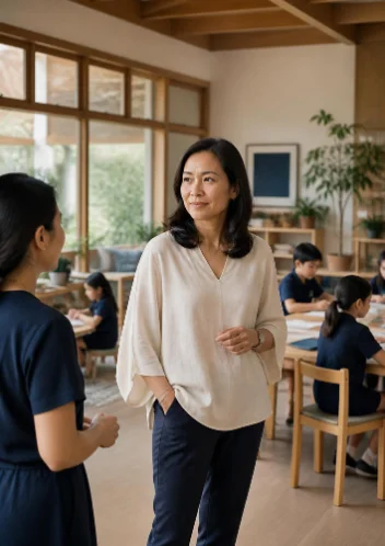 A woman talking with a colleague in a classroom while children work at tables behind them.