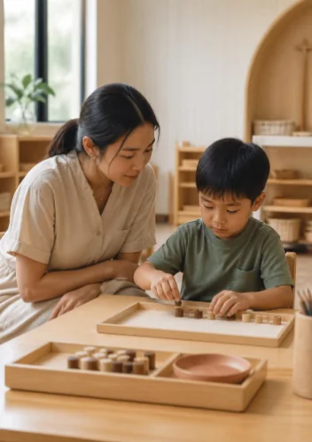 A teacher watching a young boy arrange wooden cylinders on a tray.